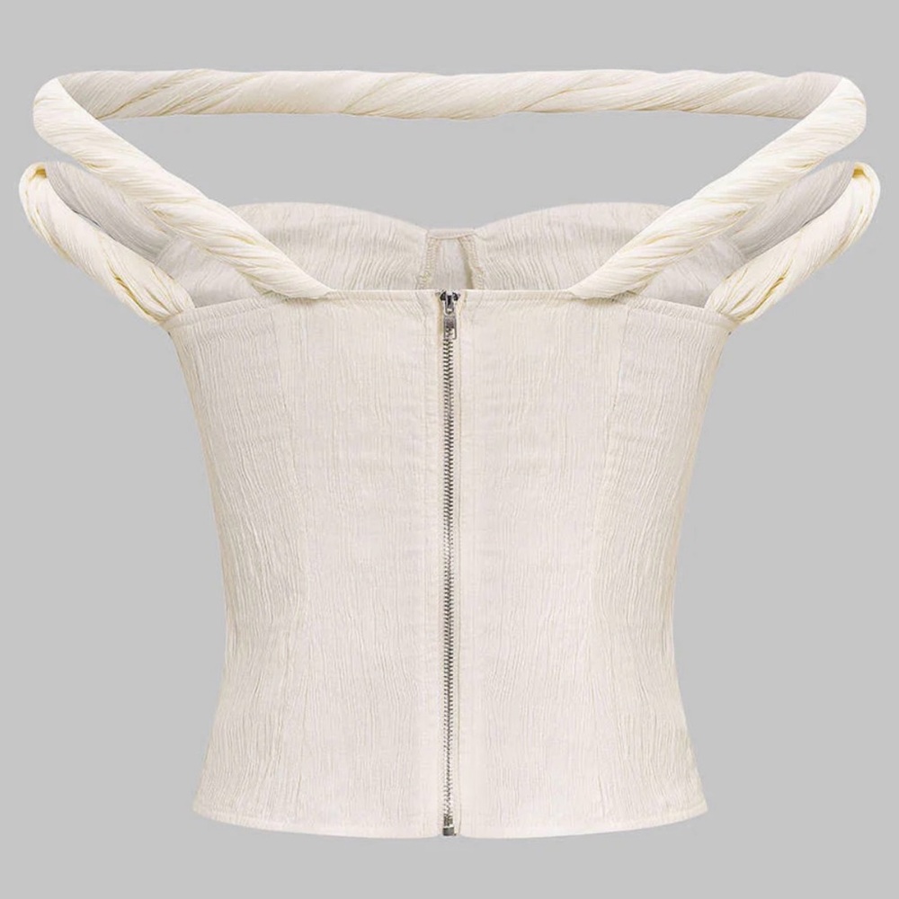 Twist-Shoulder Cream Strapless Crop Top - Picture 2 of 4